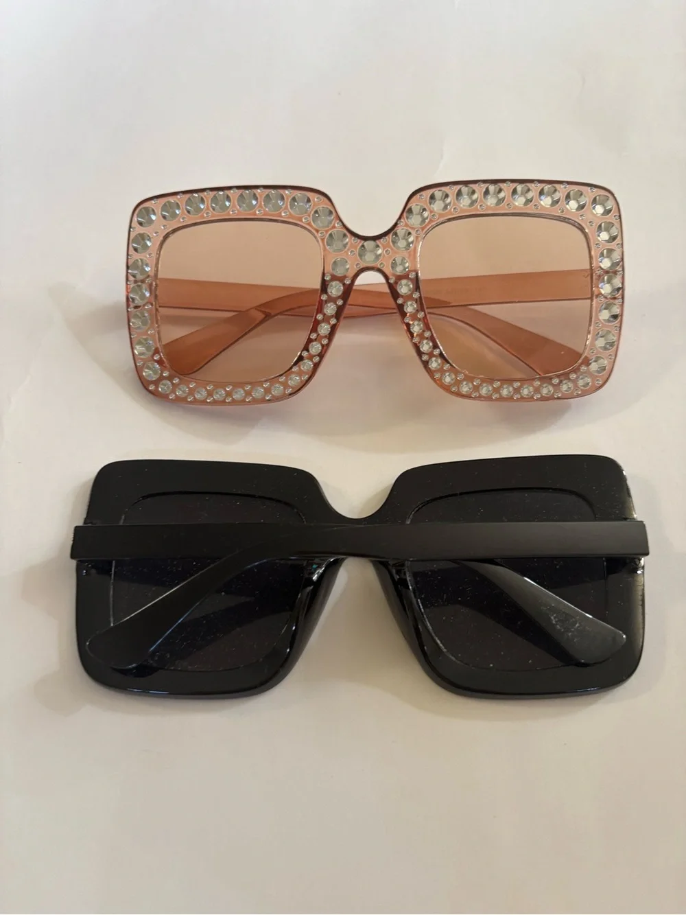 Crystal-Trim Square Sunglasses - Black and Pink